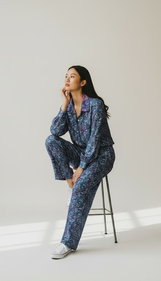 Tuta jumpsuit fatta a mano blu I Was a Sari sustainable fashion, L