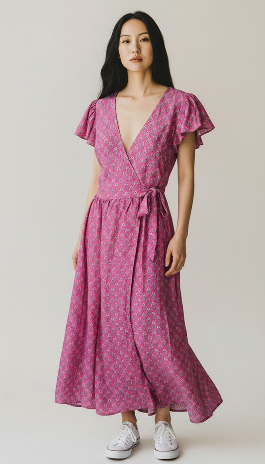 Vestito wrap dress fatto a mano rosa I Was a Sari,sustainable fashion, S