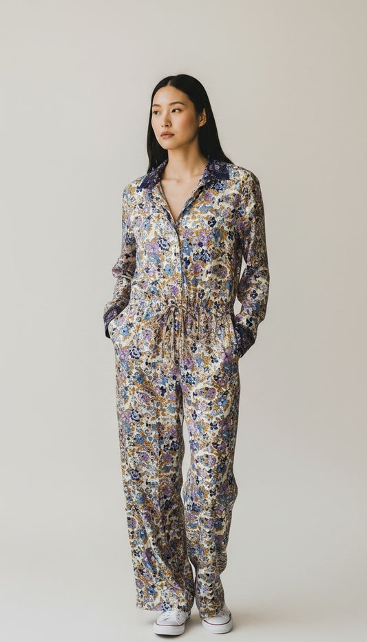 Tuta jumpsuit fatta a mano bianca e blu I Was a Sari sustainable fashion, S