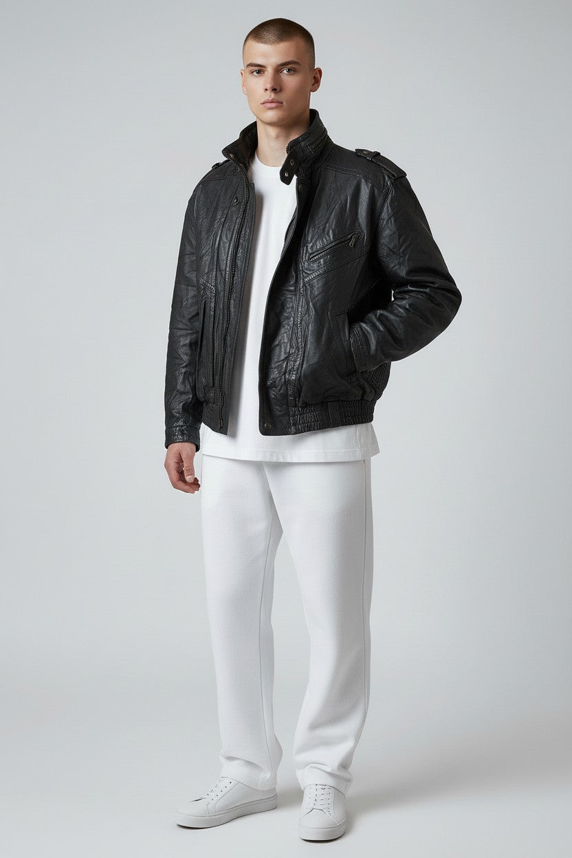 Giacca in pelle vintage con collo alto